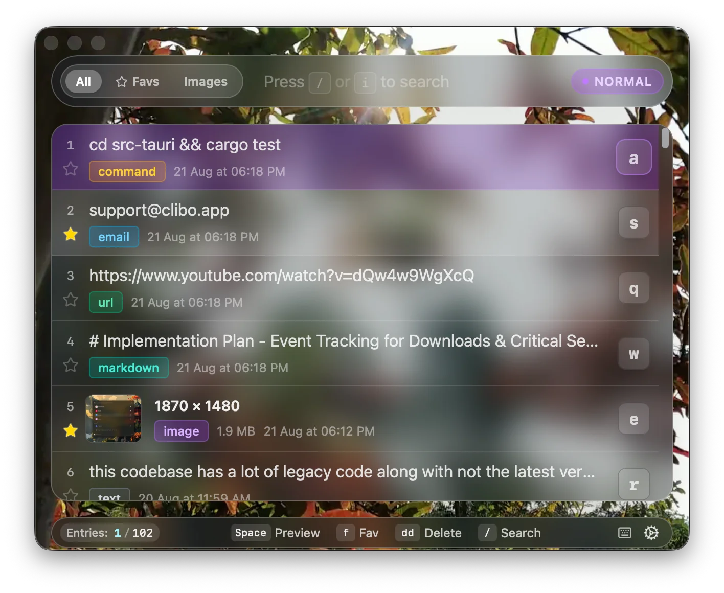 Clibo main clipboard history list interface with Vim modal indicator and quick keys