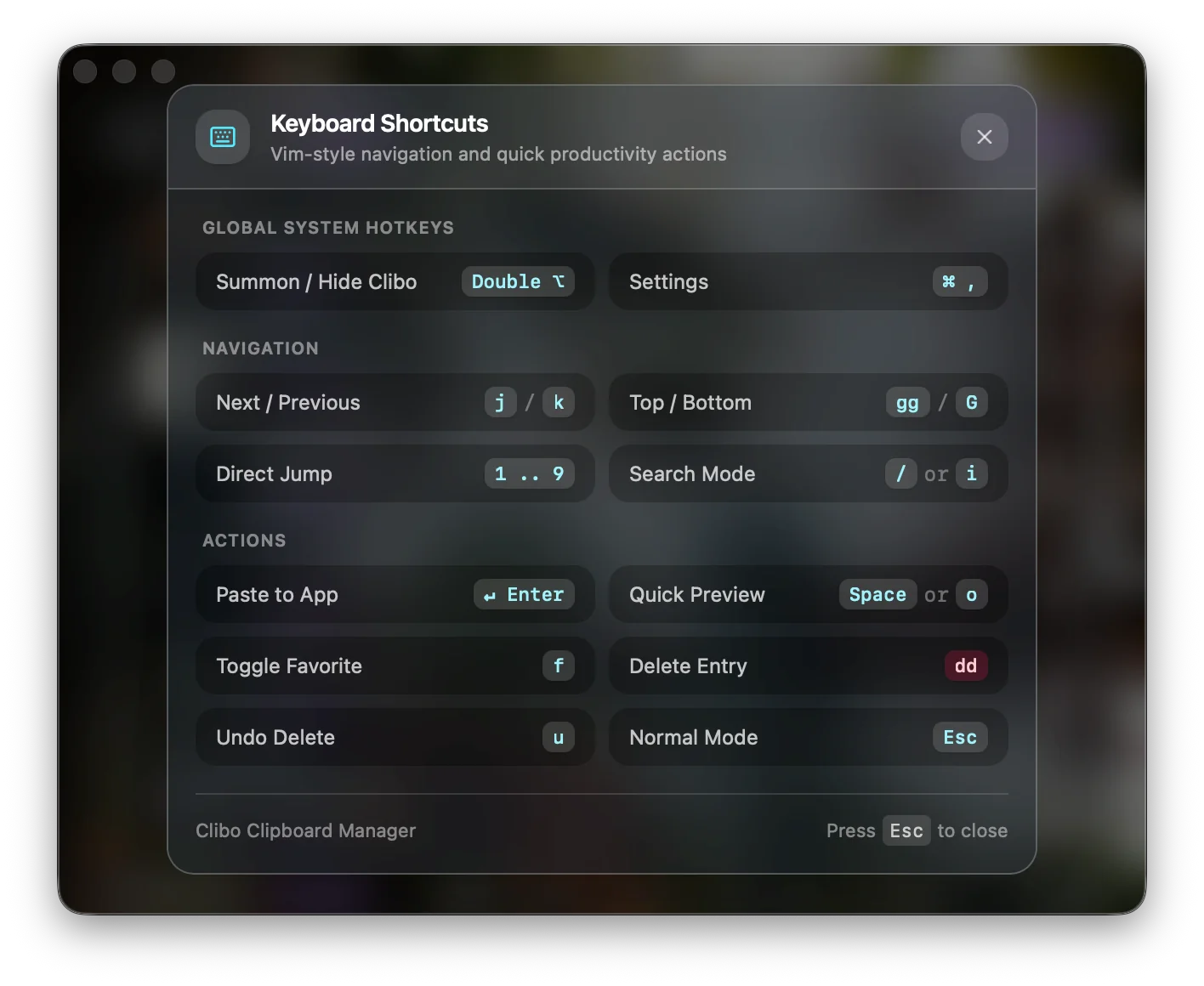 Clibo built-in keyboard shortcuts cheat sheet overlay showing Vim navigation keys